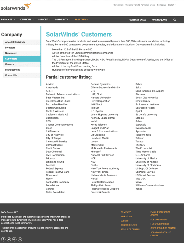 SolarWinds Customers page as of December 13, 2020